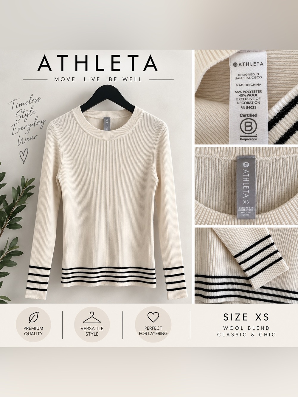 Athleta Cream Ribbed Crewneck Sweater with Navy Stripe Accents